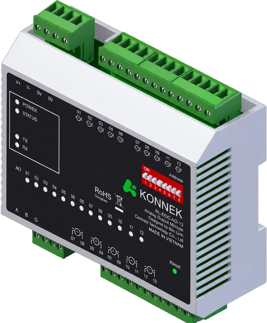 Module BL-DDC-AO-12 với hai dãy terminal đầu ra tương tự và công tắc đặt địa chỉ trên mặt trước