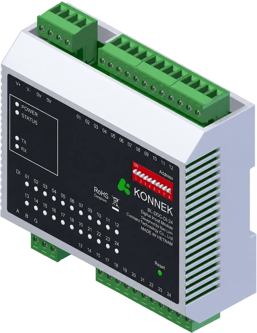 Module BL-DDC-DI-24 — nguồn cấp cạnh trên trái, hai dãy terminal tín hiệu bên phải, cổng RS485 cạnh dưới trái, công tắc đặt địa chỉ trên mặt trước