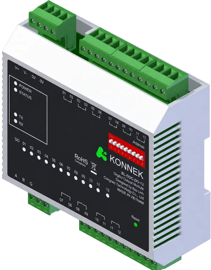 Module BL-DDC-DO-12 với hai dãy terminal đầu ra rơ le, 12 đèn báo trạng thái và công tắc đặt địa chỉ