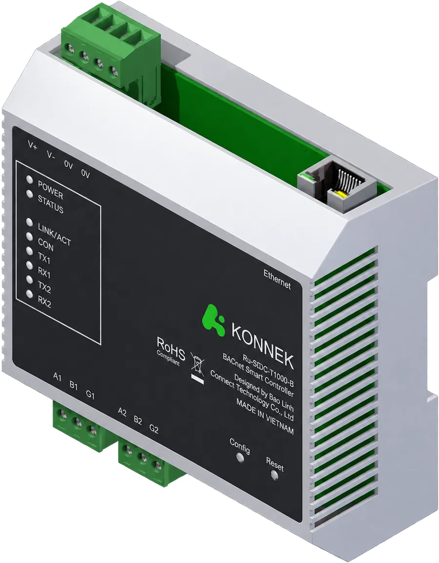 Bộ điều khiển Konnek BL-SDDC-1000-B, vỏ nhựa ABS gắn ray DIN, hai cổng RS485 và một cổng Ethernet