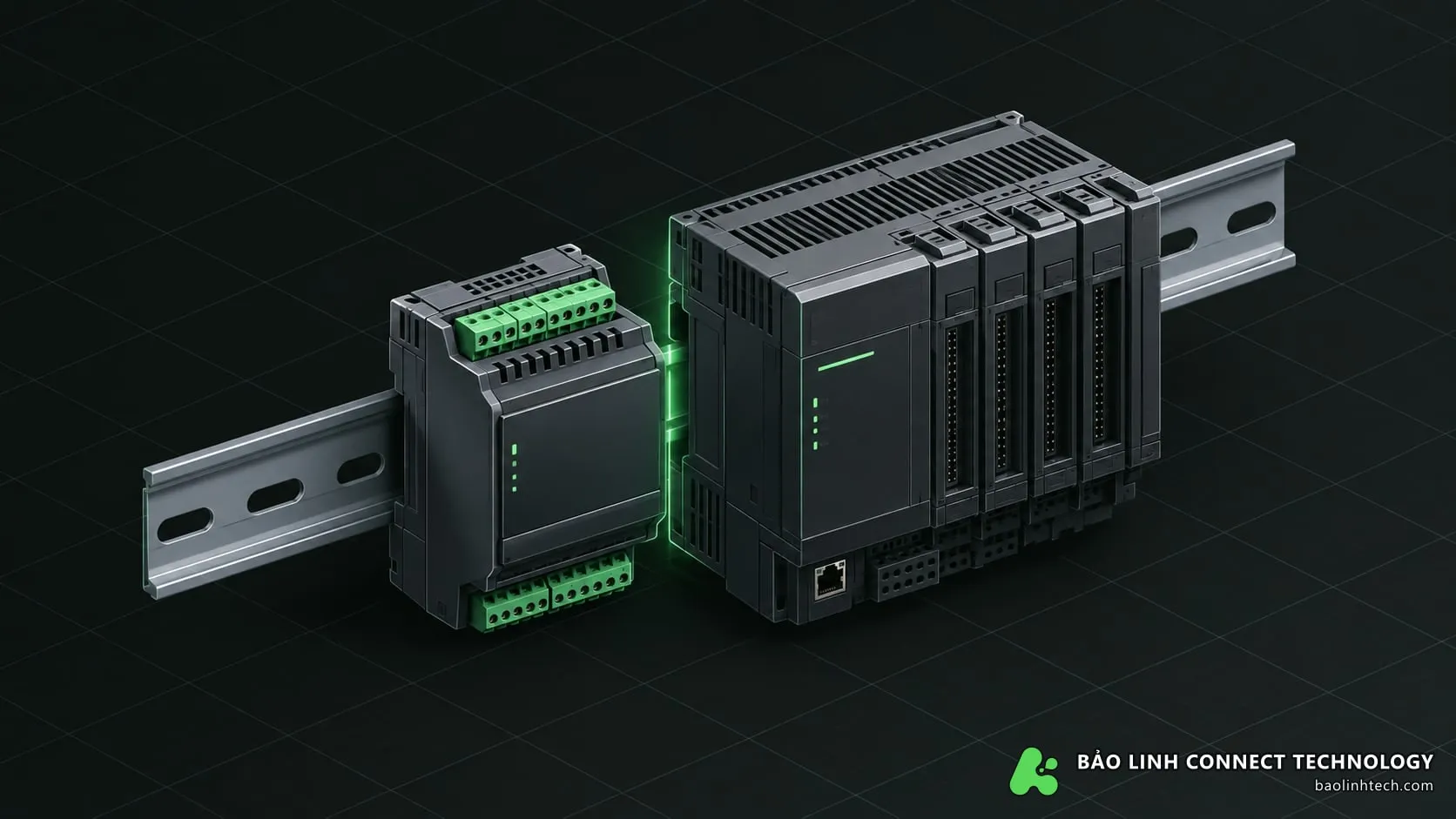 Bộ điều khiển DDC nhỏ gọn đặt cạnh một PLC công nghiệp nhiều khe mở rộng trên cùng thanh ray