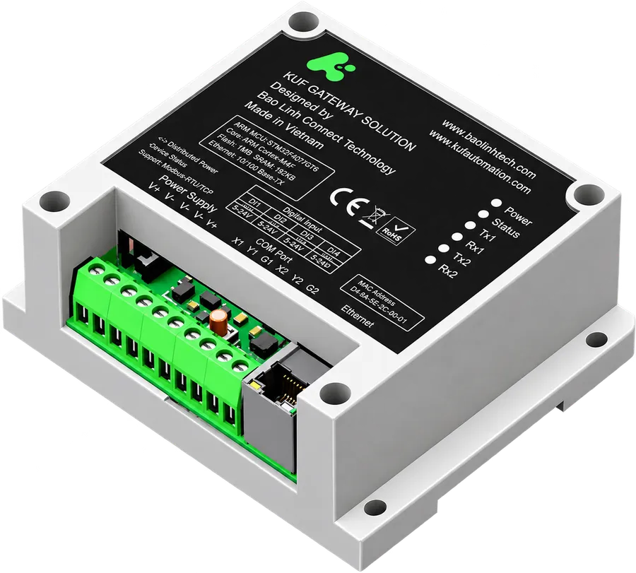 Gateway KUF-GW — cầu đấu nguồn và hai cổng RS-485 nằm chung một hàng ở cạnh trước, cổng Ethernet RJ45 bên cạnh, cụm đèn báo trên mặt trên